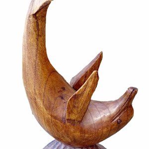 Wood Hand Carved DOLPHIN WINE HOLDER Art Island Tropical Coastal Nautical Home D